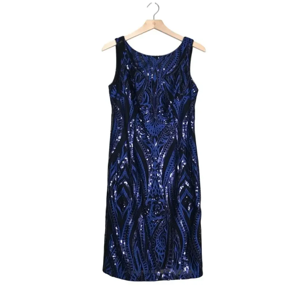 Calvin Klein Womens 4 Midnight Blue Mesh Sequin Cocktail Dress - Picture 2 of 10
